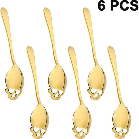 Ensemble de 6 cuillères à café et à thé en acier inoxydable 304, design élégant, cuillère à café en forme de crâne, cuillère à dessert en forme d'os, vaisselle de table idéale pour Noël et Halloween. (1/5)