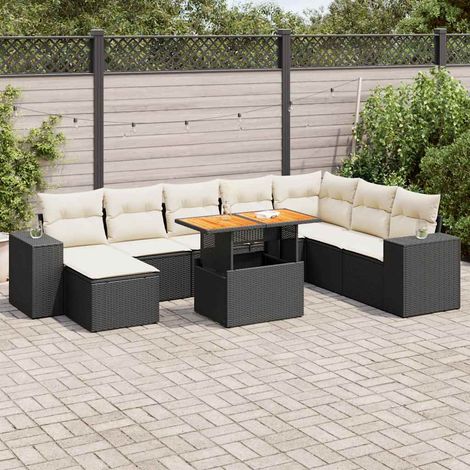 Set sofás jardín y cojines 9 pzas ratán sintético acacia negro