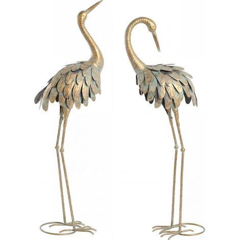 Conjunto de 2 estatuas de jardín, escultura de garza de metal, estatuas de aves de 91/95 cm, para patio, estanque, terraza, dorado/azul. (1/5)