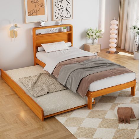 Lit 90x200 avec lit gigogne en bois naturel HAVRYA (1/5)