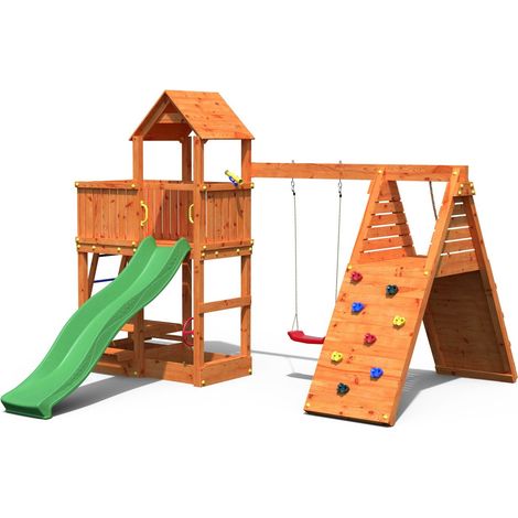 Funni Aire de Jeux Enfant Extérieure – Bois Teck – Toboggan 2,2 m – Balançoire Simple – Jusqu’à 10 Enfants – EN 71 (1/5)