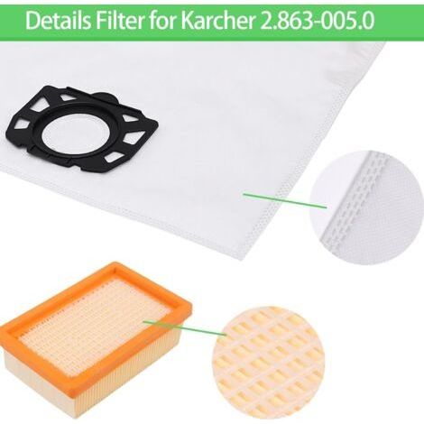 15 sacs à poussière pour aspirateur KFI 487 – 2 filtres KFI 4410 – compatibles avec les modèles Kärcher WD4, WD5, WD6, MV4, MV5 et MV6 – finesse de filtration jusqu'à 40 microns