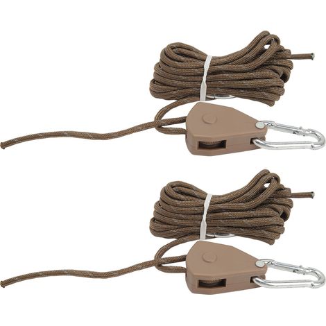 Set aus 2 x 4 m langen Zeltleinen, verstellbar und mit Umlenkrolle ausgestattet. Schneller Aufbau. Farbe: Khaki. (1/5)