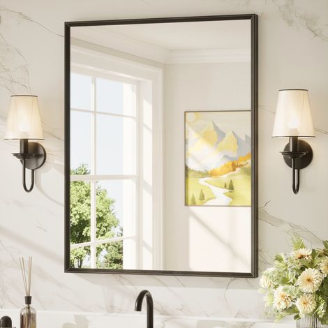 Keonjinn Wandspiegel rechteckig mit schwarzem Rahmen 70x90cm, Alurahmen, HD-gehärtetes Glas, mit runden Ecken, moderner Stil, HD-Reflexion, für Badezimmer&Flur (1/5)