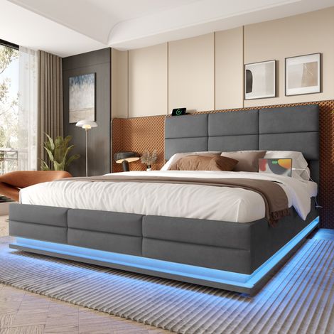 MODFU – Cama de matrimonio 160x200 cm de terciopelo con arcón hidráulico, LED regulable, USB/Type-C, cabecero regulable y carga 250 kg – Gris oscuro (1/5)