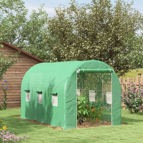 Serre de Jardin Tunnel Surface Sol 8 m² 4L x 2l x 2.05H m châssis Tubulaire Porte zippée 6 fenêtres enroulables vert