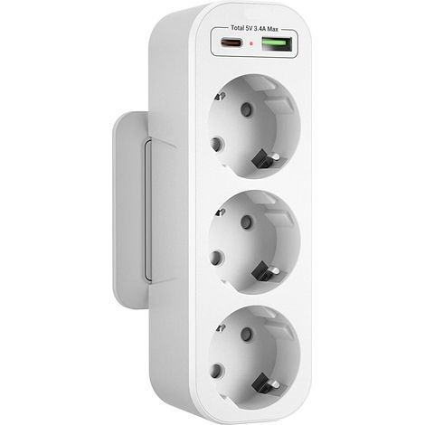 Multiprise Murale 3 Prises Verticale, Bloc Prise Multiple USB C, Blanc Adaptateur Triple, Protection Enfant, Portable Triplette Electrique 2 USB Chargeur pour Bureau Cuisine Appartement (1/5)
