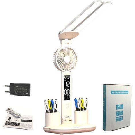 Lampe de Bureau LED Pliable avec Ventilateur Écran Numérique Heure Date Température Intensité Variable Tactile Anti-Éblouissement 2 Porte-Stylos (1/5)