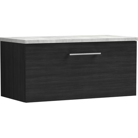 Nuie Arno Wall Hung 1-Drawer Vanity Unit with Bellato Grey Worktop 800mm Wide - Black Woodgrain (1/5)