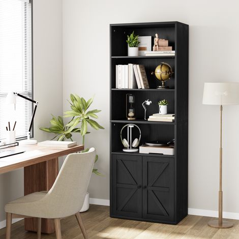 Bibliothèque 5 étages style farmhouse - Portes coulissantes verre - Rangement salon/bureau 180x80x30cm - noir (1/5)