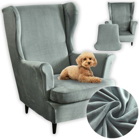 Housse de fauteuil à oreilles, élastique, grise, facile à nettoyer, en velours (1/5)