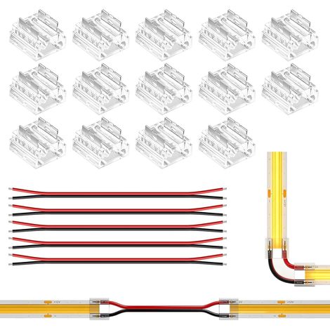 19 Pièces Connecteur Ruban LED FCOB COB 2 Pin 8mm Kit, Soudure Sans Fente Kit avec 14x Connecteurs Transparents Sans Soudure, 5x Fil d'extension 20AWG 15cm, 2 Pin Raccord d'angle pour Bande LED FCOB (1/5)
