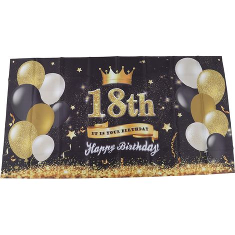 Décoration d'anniversaire réutilisable 18 ans, toile de fond noir et or 180x99cm avec œillets