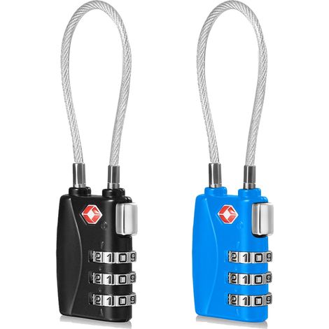 Locks Lot de 2 cadenas de sécurité à combinaison de câble de voyage à 3 chiffres pour valise, valise, sac, sac - Noir et bleu (1/5)
