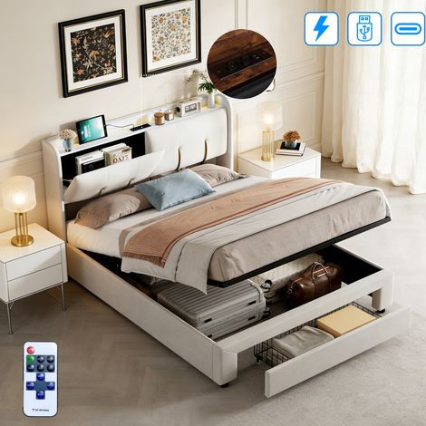 Lit double rembourré 160 x 200 cm avec éclairage LED et chargement USB Tpye C, Lit coffre avec tiroirs et Espace de Rangement, Sommier à Lattes, Velours, Beige (1/5)