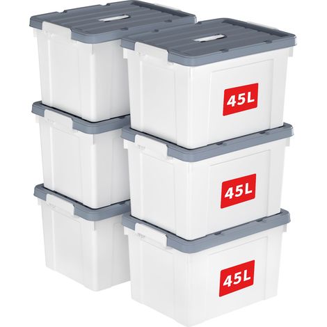 45L6 Boîte de Rangement, Bac de rangement avec Poignée, Plastique Organisateur avec Couvercle, Empilable, Transportable, pour Vêtements, Bureau, Chambre, Dortoirs, Blanc, 45L - Lot de 6 (1/5)