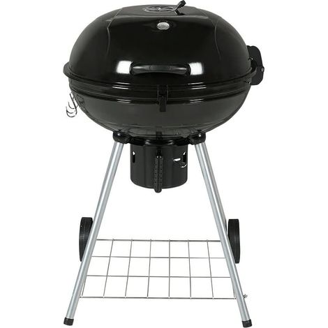 Barbecue de camping au charbon de bois avec grille, roues, étagère, récupérateur de cendres et thermomètre métallique intégré