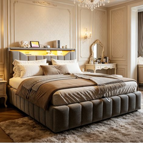 Cama con arcón 180x200 cm con almacenamiento hidráulico, LED, USB y USB-C, cabecero con almacenamiento, tejido - gris (1/5)