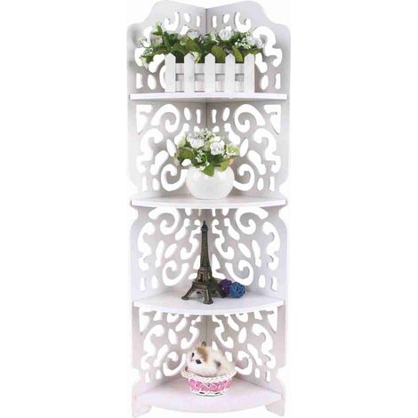 Étagère d'angle blanche creuse sculptée à 4 niveaux, présentoir de bibliothèque, rangement de cosmétiques, étagère de salle de bain (1/5)