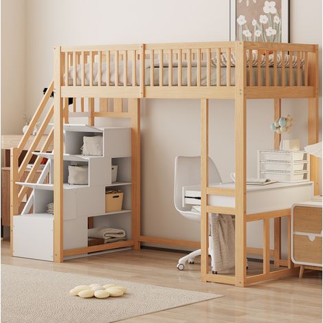 Cama alta 250x96x175 cm con mesa multifunción, escalera de almacenaje, madera de pino, blanco y roble claro (1/5)