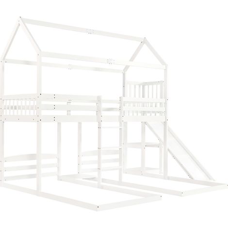 Lit superposé enfant 90x200 cm avec toboggan, toit ludique, bois et MDF, blanc, MODENUIT (1/5)