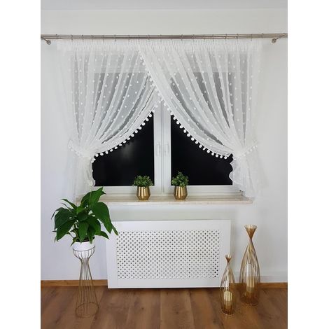 Rideau prêt à poser à pompons 400x150cm (1/5)