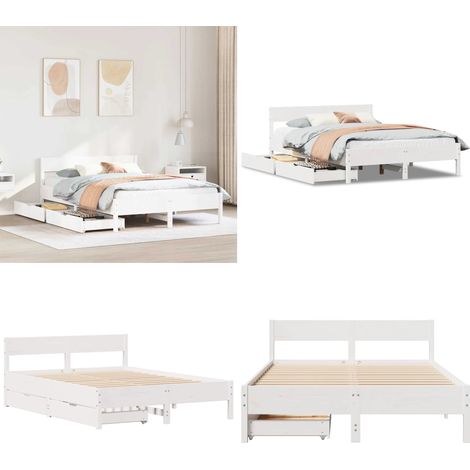 Letto senza Materasso Bianco 140x190 cm Legno Massello di Pino - Letto con cassetti - Letto in legno massello