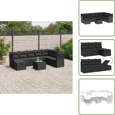 9-tlg. Garten-Sofagarnitur mit Kissen Schwarz Poly Rattan - Gartenmöbel Set - PE-Rattan Gartenmöbel - Outdoor Sofa - Esstisch Set - Lounge Set (1/5)