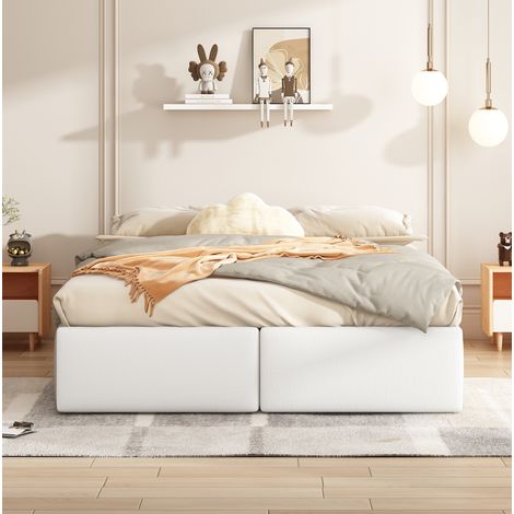 Cama tapizada 140/200 cm blanca de lino y MDF con almacenaje hidráulico y 2 cajones (1/5)
