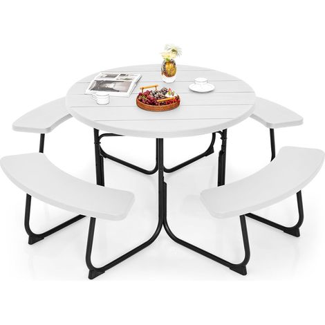 GOPLUS Table de Pique-Nique avec 4 Bancs Intégrés, Trou de Parasol, Cadre en Acier, Plateau HDPE, Ensemble de Table et Bancs Rond pour 8 Personnes pour Patio, Jardin, Charge 135/225KG (Blanc)