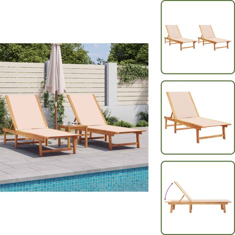 The Living Store Chaises longues lot de 2 crème bois acacia solide et textilène - Chaise Longue - Transat - Lit De Bronzage - Mobilier De Jardin - Salon De Jardin