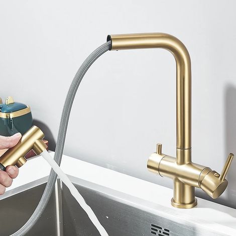 Robinet de cuisine en laiton doré brossé avec filtre, robinet purificateur d'eau à double jet, mitigeur d'évier et douchette pour eau potable. (1/5)