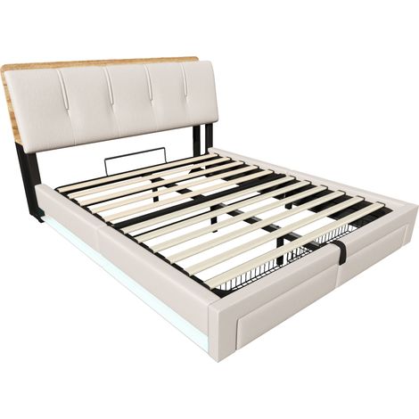 Letto contenitore imbottito 140x200 cm in lino beige con LED, USB Type-C e vano idraulico (1/5)