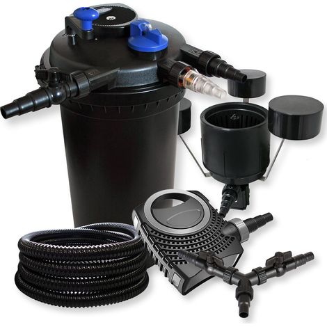 SunSun Komplettset: CPF-15000 Teichdruckfilter bis 30000 L 18 Watt UV-C Teichklärer, CTF-8000 Teichpumpe 8000l/h 70W, 25m Teichschlauch 25 mm, CSP-250 Schwimmskimmer Pumpe 2500l/h 45W, Y-Verteiler
