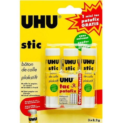 UHU Lot de 3 Stic 8.2g + échantillon de patafix (1/4)