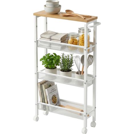 Meuble pour Niche 77x13x45 cm, étagère étroite sdb/Cuisine, 4 Niveaux, sur roulettes métal, Bois/Blanc (1/5)