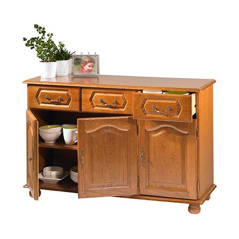 Beaux Meubles Pas Chers – Buffet bas chêne massif 3 portes 3 tiroirs – Dimensions 120.6 x 77 x 41 cm – Quincaillerie en métal doré vieilli – Fabriqué en France (1/7)