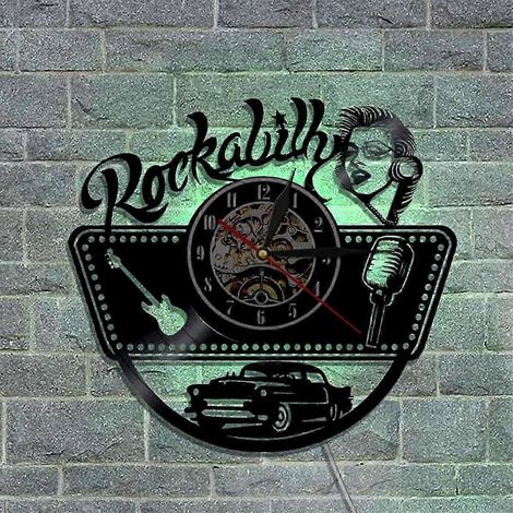 Horloge murale en vinyle musical - Horloge murale lumineuse LED guitare et microphone - Décoration murale pour salon - Cadeau original pour les mélomanes (1/5)