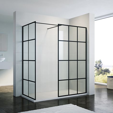 ELEGANT 1100mm Black Matt Modern Walk in Shower Cabin with 800mm Side Shower Screen 8mm Safety Glass shower Enclosure Include Double Stainless Steel Support Rod (1/5)