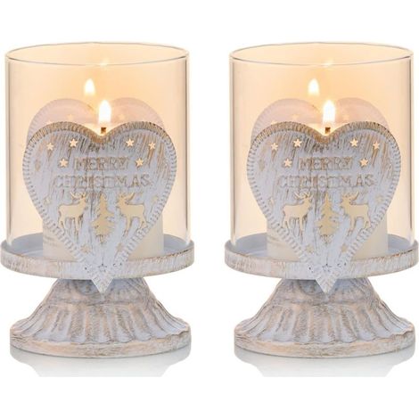 Lot de 2 Bougeoirs Chandelier en Blanc Métal Supports pour Bougies Piliers(Cœur), Bougeoirs en Détresse de L'ouragan Préfèrent Pièces pour Décoration de Cheminée de Manteau de Table de Noël, Blanc