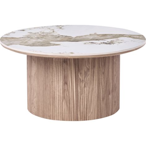 Mesa de centro con base de MDF y tablero de mármol blanco cerámico diseño moderno pata acanalada ø 80 cm marrón Dora (1/5)