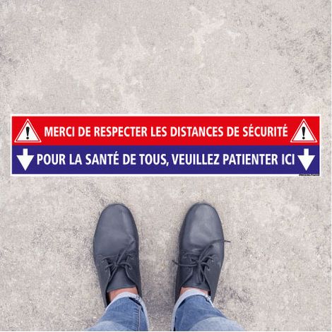 SIGNALISATION SOL COVID CORONAVIRUS . LOT DE 2 BANDES DE SIGNALISATION SOL ADHESIVES . MERCI DE RESPECTER LES DISTANCES DE SECUR (1/4)