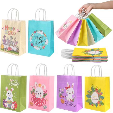 Lot de 12 Sacs Cadeaux,Papier avec Poignée,Motif Pâques,Lapin et Oeuf,Emballage Bonbons et Cadeaux pour Enfants (1/5)