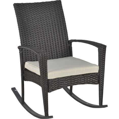 Outsunny Schaukelstuhl Schwingsessel Gartenstuhl mit Kissen , Polyrattan+Metall, Braun+Cremeweiß, 66 x 88 x 98 cm