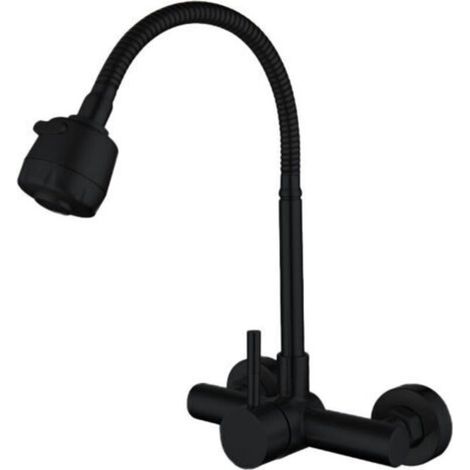 Robinet de cuisine mural, acier inoxydable, pommeau de douche pivotant multidirectionnel, double sortie, noir.