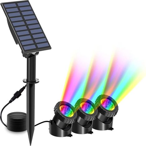 Lot 3 projecteurs solaires bassin – Éclairage subaquatique RGB 3 en 1 – LED étanches – Aquarium, jardin, piscine, fontaine, cascade