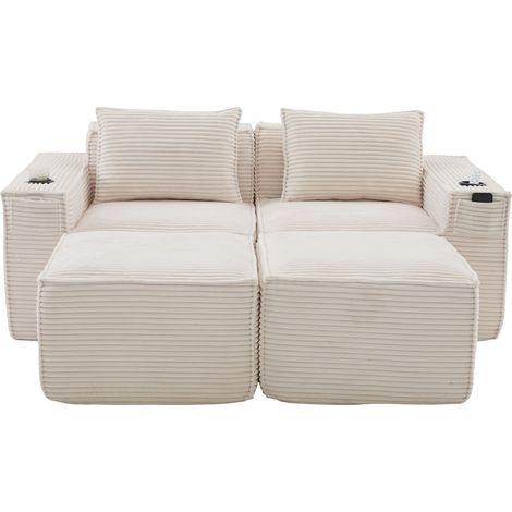 Sofá modular de 2 plazas en terciopelo acanalado beige con 2 pufs, portavasos y bolsillos (1/5)