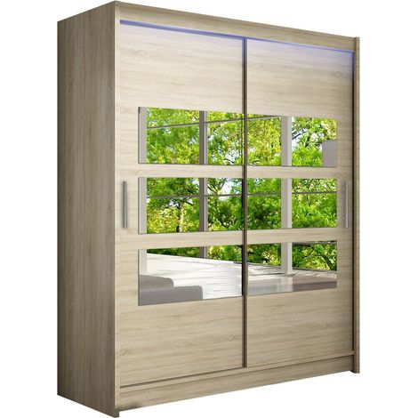 Armario Closico 157, Roble Sonoma, 200x150x58cm, Puertas de armario: Correderas, Número de estantes: 5, LED (1/4)