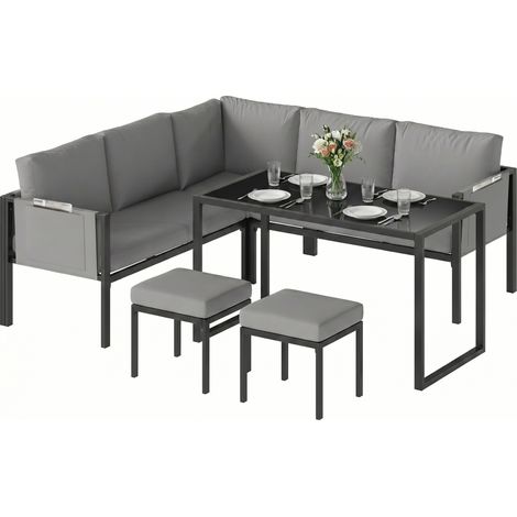 Salon Jardin Canapé Angle Extérieur 6 Pièces Coussins 10cm Table Haute 2 Repose-Pieds Gris (1/5)