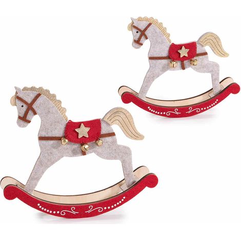 Decorazione natalizia a cavallo a dondolo in legno e panno con campanelle decorative e dettagli dorati, set da 4 pezzi, Grande: cm 22,5 x 4 x 19 H